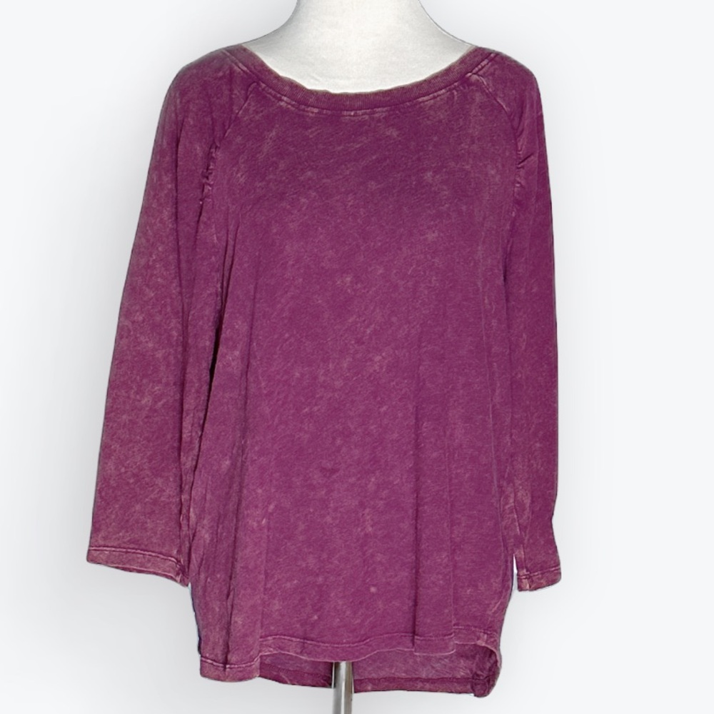 Soft Weathered Magenta Cotton Crew Neck 3/4 Raglan Sleeve Basic Layering Top -0X